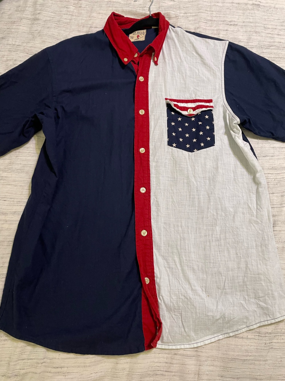 Men's Patriotic Colorblock Button-Up Linen Shirt - Navy, White & Red Size L